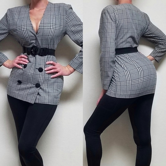 Vintage 80s GSL Black Houndstooth Double Breasted Collarless Blazer Jacket S - Picture 1 of 15